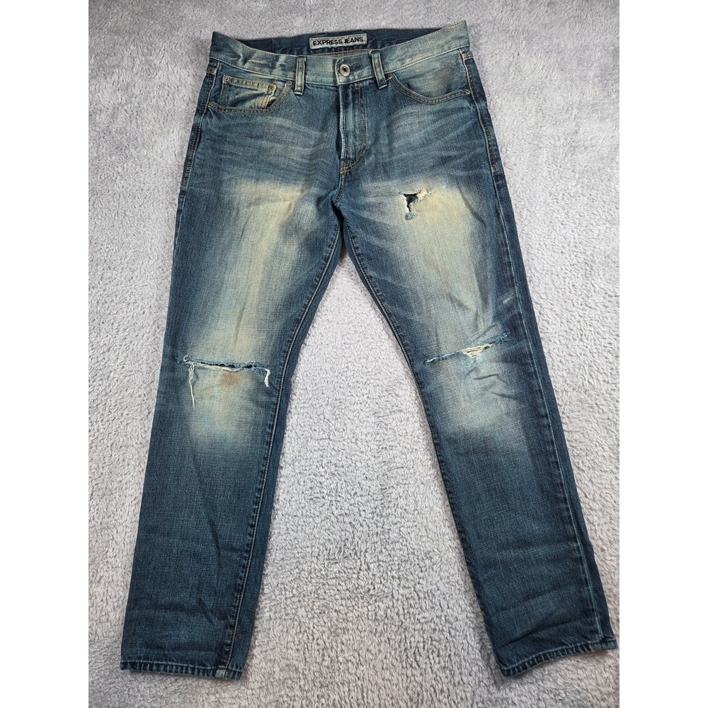 Express Jeans Kingston Tapered Leg 32x30 Blue Mens Classic Fit Distressed Denim - Picture 2 of 11